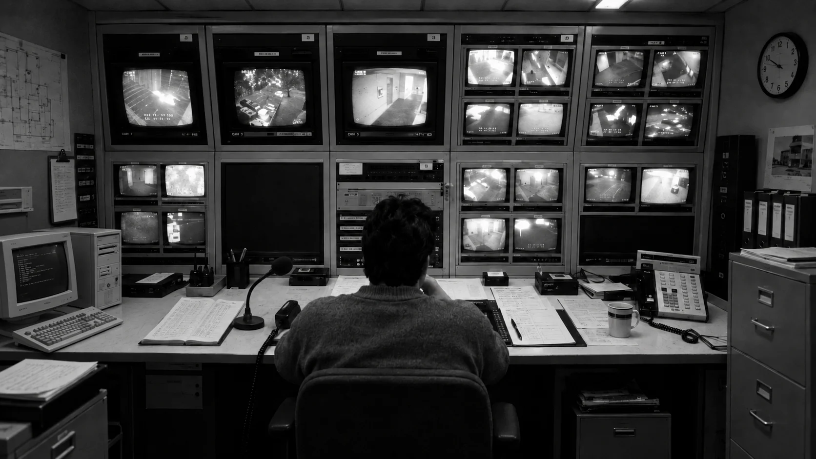 Ilustração de uma sala de monitoramento com câmeras, representando o Controle I