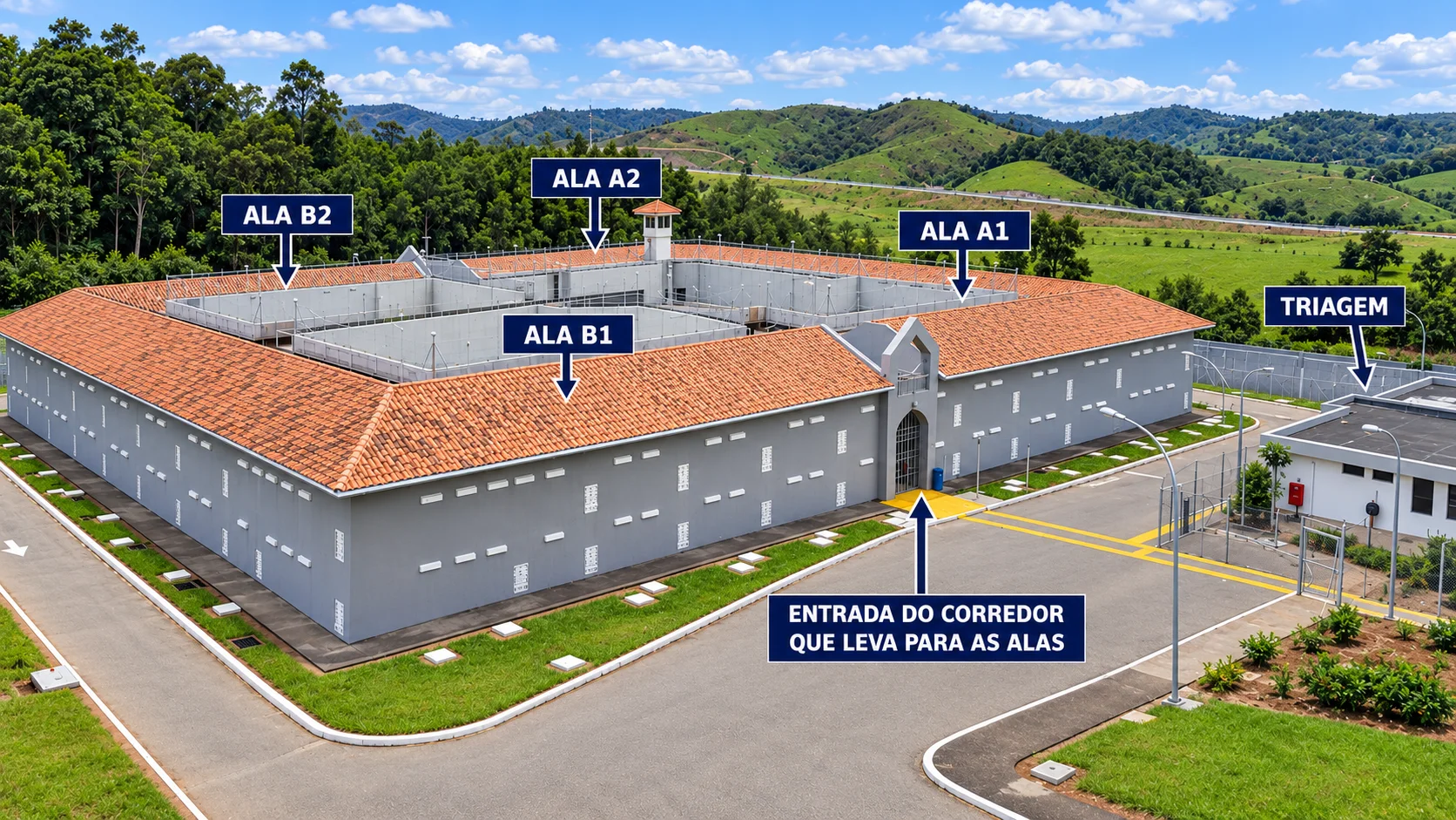 Ilustração da vista externa das quatro alas A1, A2, B1 e B2 e da triagem