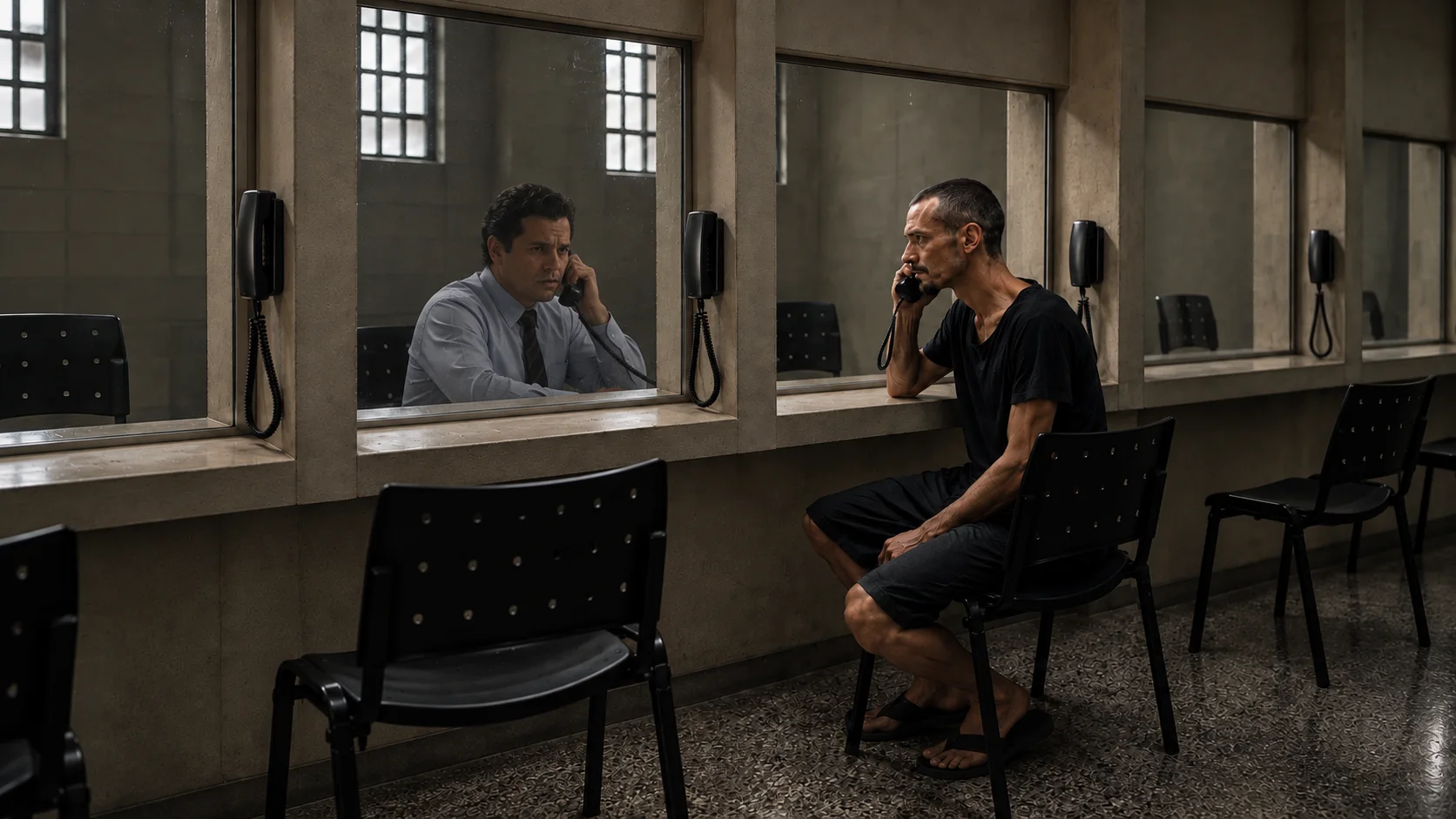 Ilustração de um atendimento por telefone separado por vidro no parlatório